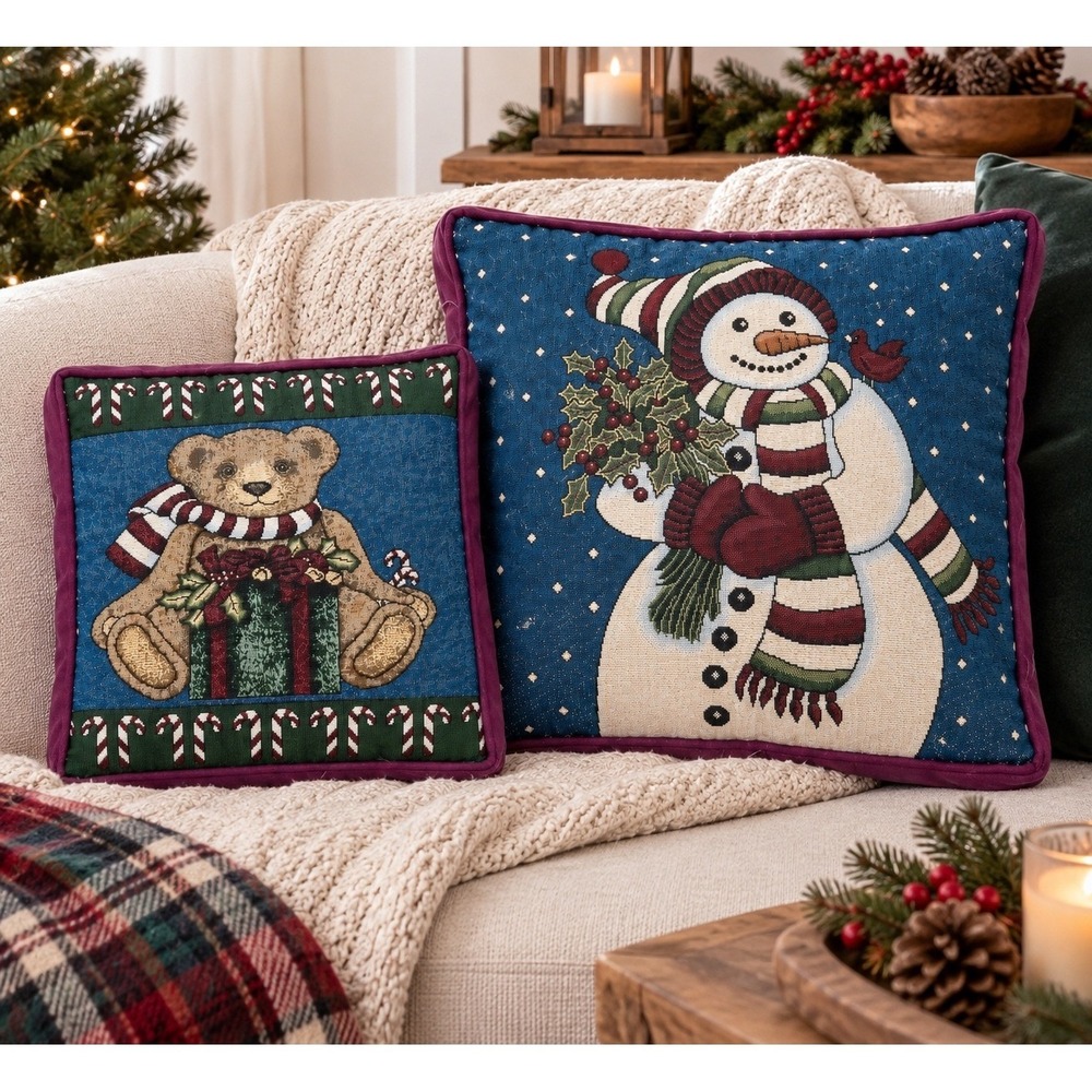 Madison Landing Christmas Tapestry Throw Pillows Set Snowman Teddy Bear Holiday